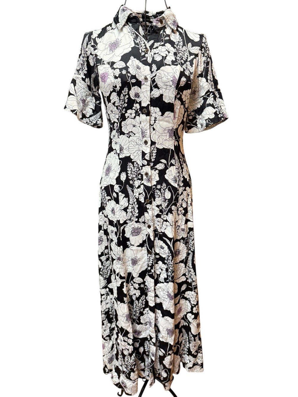Anthropologie Maeve  Black White Purple Floral Collared Tailored Midi Dress chic